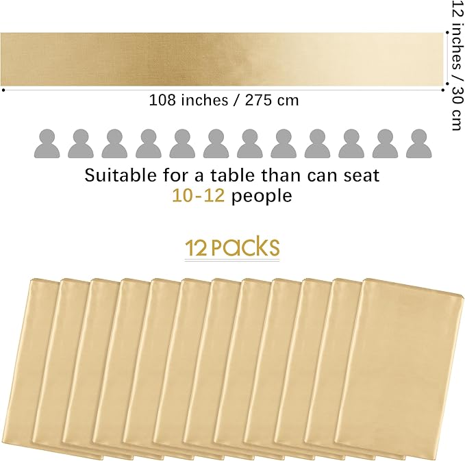 Aneco 12 Pack Satin Table Runner 12 x 108 Inch Champagne Long Wedding Satin Silk Table Runner for Wedding Banquet Graduations Birthday Party Decoration
