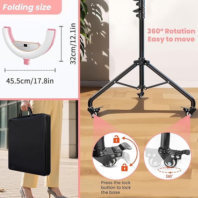 22" Foldable Ring Light with Stand for iPhone ipad, 75" Tripod with Wheels 50W 6500K LED Display/2 USB Ports Large Ringlight Rolling, Tattoo Barber Makeup Studio Video Photography Lighting(Pink)