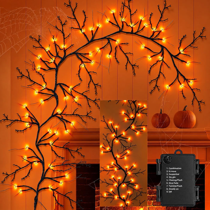 [8 Modes & Timer] 9 Ft Halloween Garland Willow Vine Twig Decor with 72 LED Orange Lights - Waterproof Battery Operated Indoor Wall Fireplace Decorations