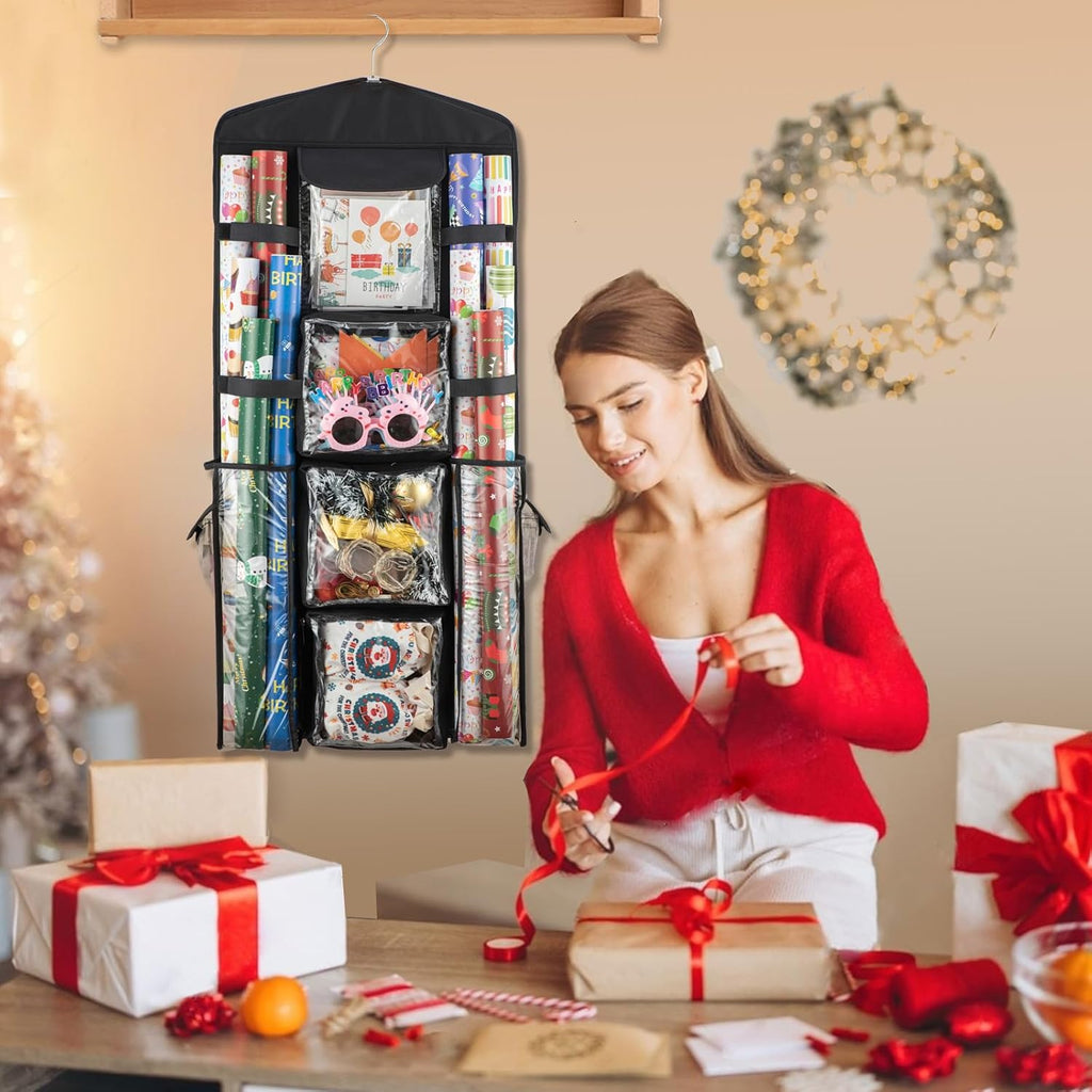 Christmas Wrapping Paper Organizer Storage, Hanging Gift Bag Storage Organizer, Double-Sided Wrapping Paper Holder Storage - Black