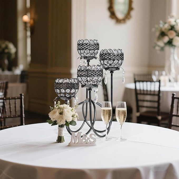 4 Arms Crystal Candelabra Tealight Holder - Tall 15.7 Inch Elegant Centerpiece with Crystal Pendant Bowls & Artistic Metal Stand for Wedding, Dining Table, Home Decor (1, Black)