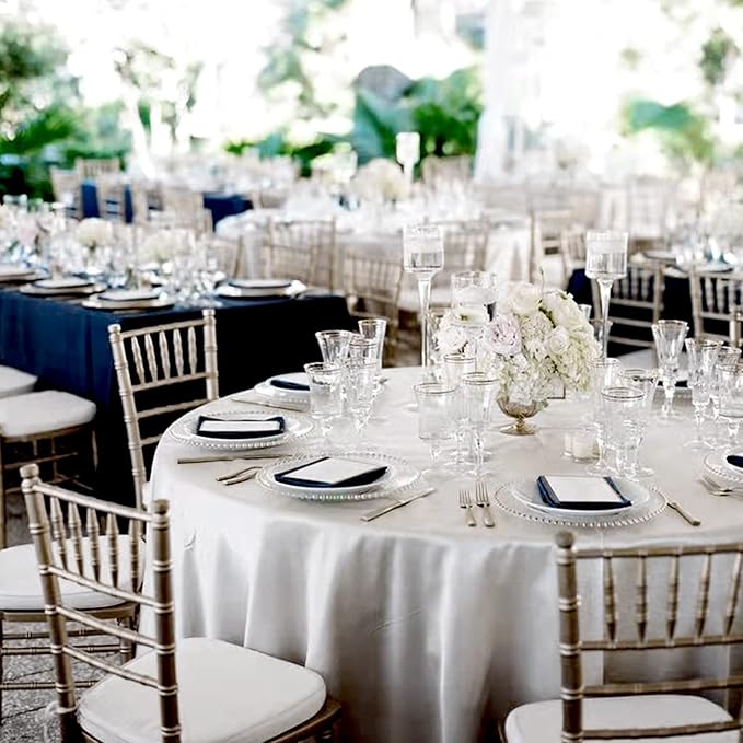 12 Pack 120 Inch Silver Satin Tablecloth - Premium Bright Silky Round Tablecloth Overlay Smooth Fabric Table Cover, Table Decoration for Wedding Party Banquet Events Restaurant Kitchen Dining