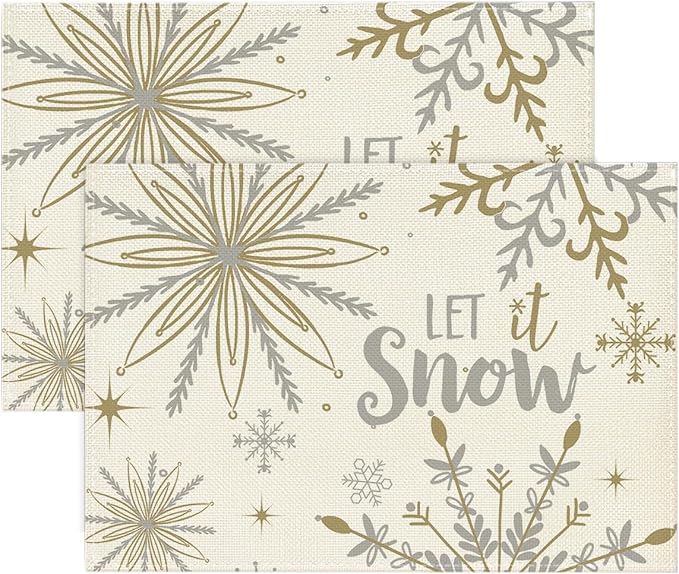 Artoid Mode Beige Snowflake Let It Snow Winter Placemats Set of 2, 12x18 Inch Seasonal Christmas Table Mats for Party Kitchen Dining Decoration