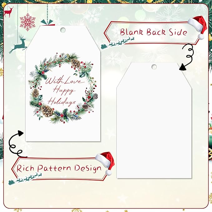100PCS Christmas Gift Tags 10 Styles Watercolor Christmas Tree Pinecone Tags with String Celebrations Tag for Present Wrapping Xmas Holiday Seasonal Party Favors
