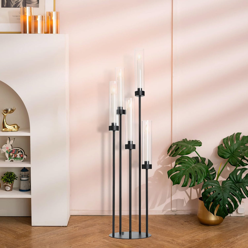 39.8''Matte Black Candle Holder with Acrylic Shades Tall 5 Arm Candelabra Black Table Centerpiece for Wedding Living Dining Room Fireplace Decoration Fit 0.98''LED Taper Candle