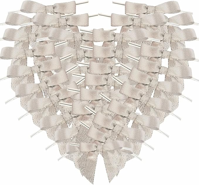 50pcs 2-1/2" Metallic Satin Silver Bows for Crafts Pretaied Christmas Bows with Twist Ties Hot Cut Tails for Christmas Decoration (Silver)