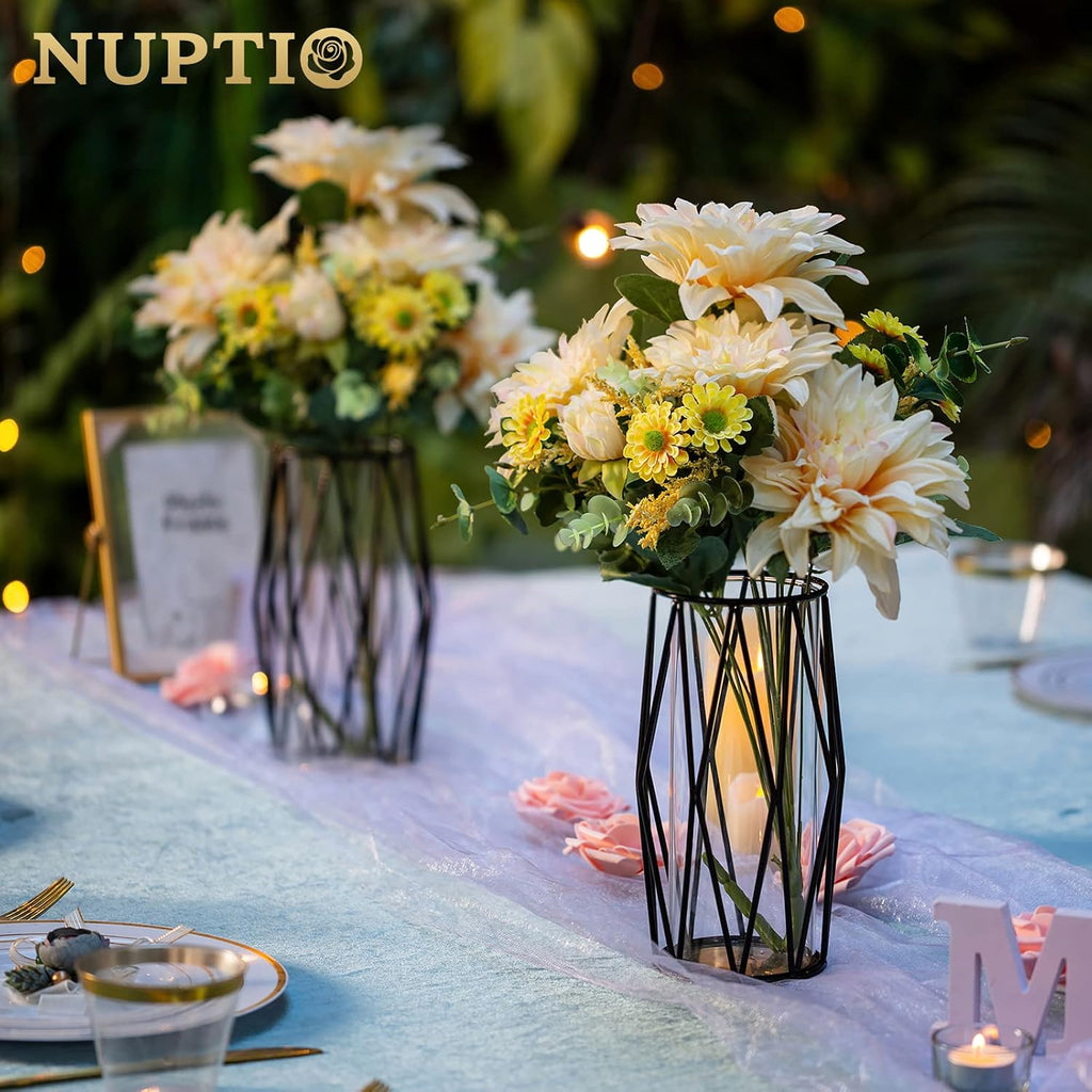 NUPTIO Black Geometric Hurricane Glass Candle Holder, 1 Piece | Compact Diamond Frame, Clear Cylinder Vase, for Flowers, Pillar & Floating Candles, Office or Dining Table Decor