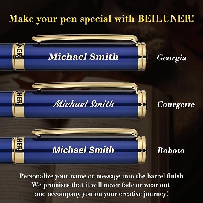 BEILUNER Blue Personalized Fountain Pen,Stunning Luxury Lacquer,24K Gilded Nib(Fine),Gorgeous 24K Gold Finish, Ink Converter,Fancy Gift for Men&Women-Elegant, Graduation,Nice Pens for Writing