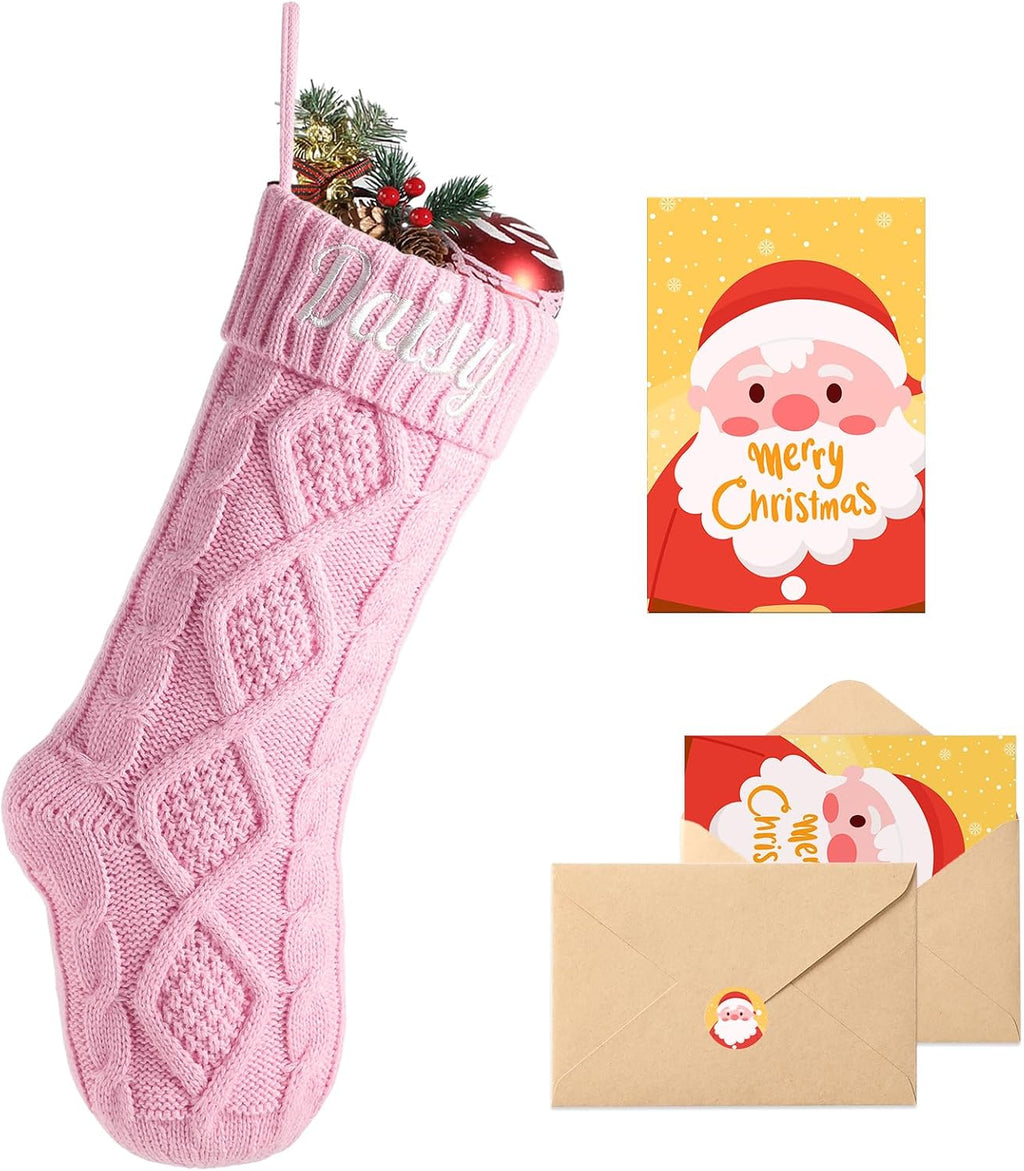 Personalized Christmas Stockings with Christmas Cards,Custom Embroidered Name Pink Christmas Stocking for Baby Kids Girl Family,18" Large Cable Knit Xmas Stockings for Fireplace