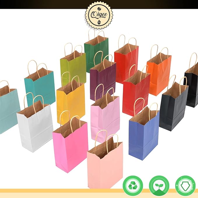 qiqee 200Pcs Paper Gift Bags with Handles - 8.3"x6"x3.15" Small Party Favor Bags Multiple Uses - 16 Solid Colors