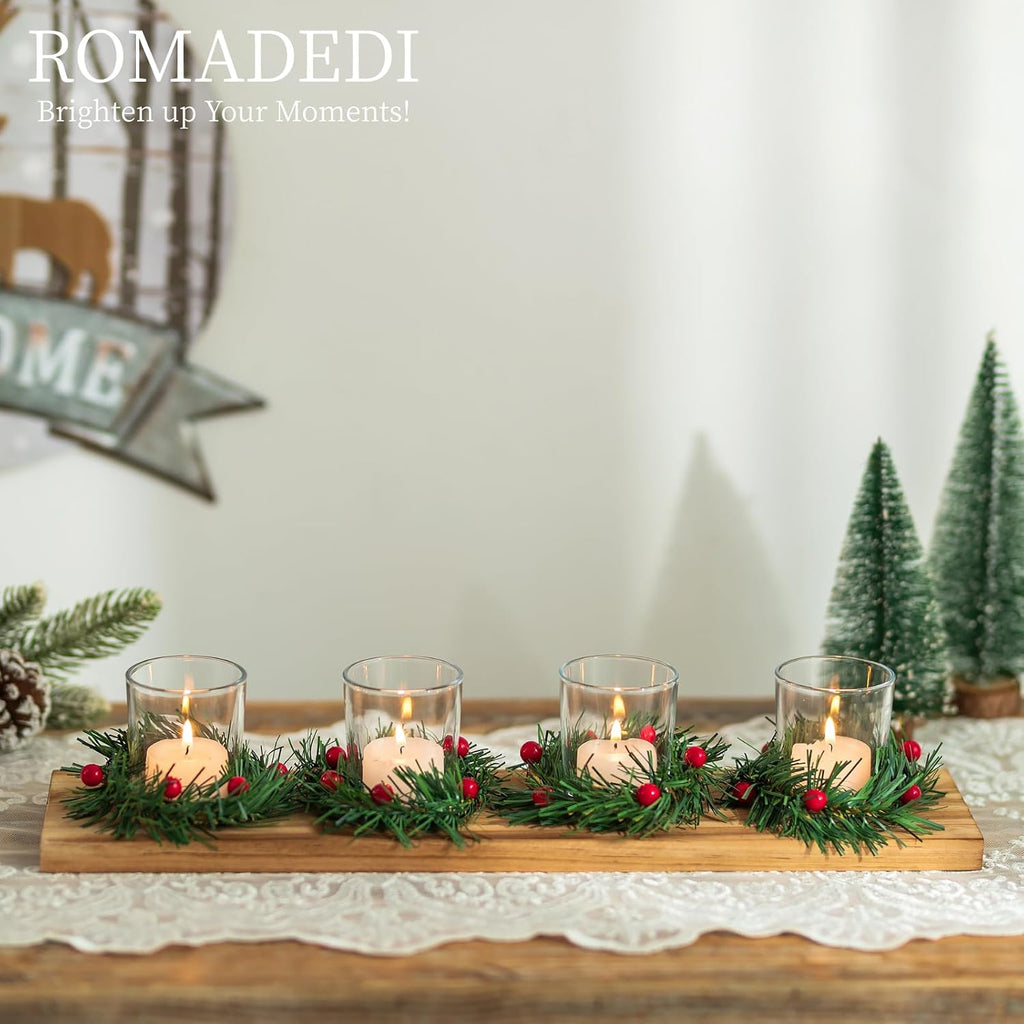 Christmas Candle Holder for Table Centrepiece Decoration: Romadedi Rustic 4 Tealight Holders with Mini Christmas Wreaths Wooden Tray for Xmas Winter Dinner Table Home Decor Gift 16.5 Inches