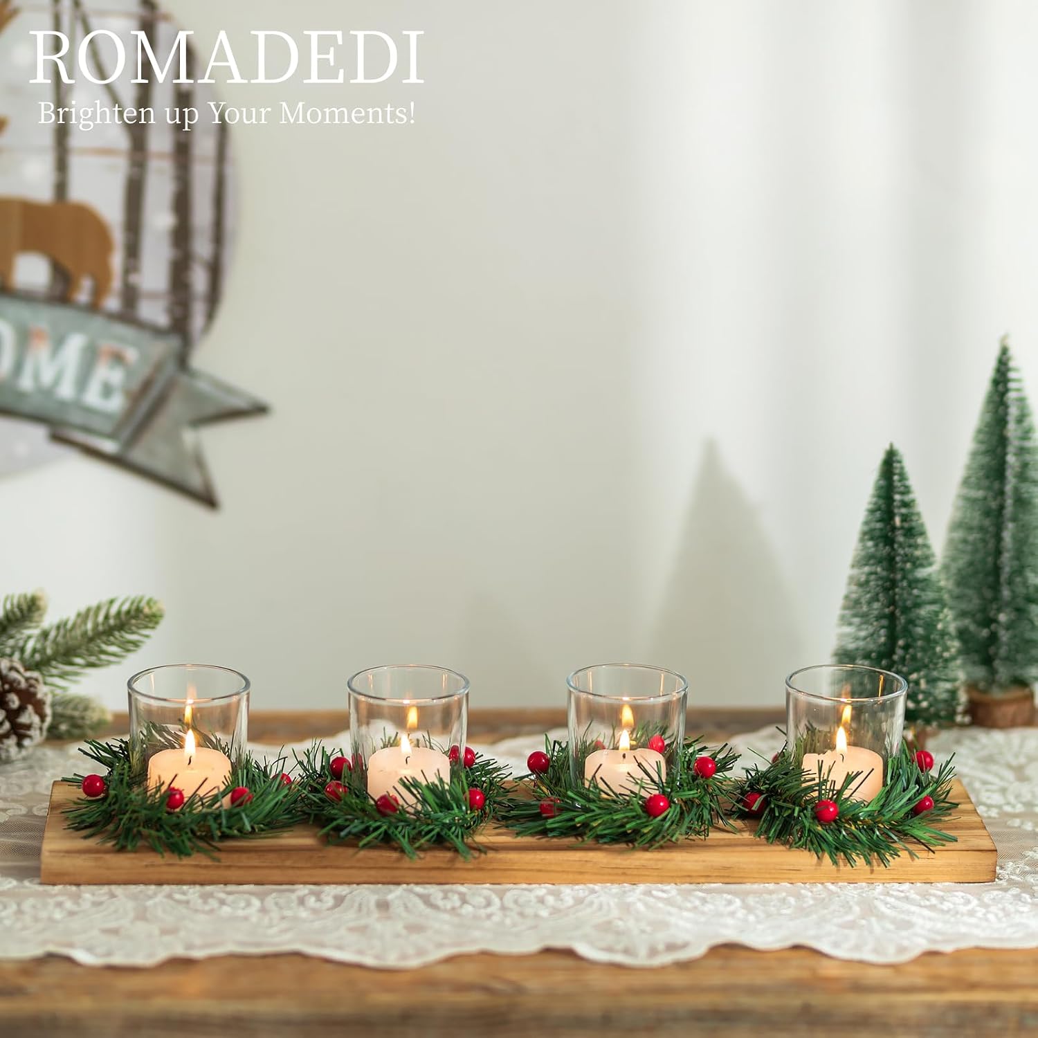 Christmas Candle Holder for Table Centrepiece Decoration: Romadedi Rustic 4 Tealight Holders with Mini Christmas Wreaths Wooden Tray for Xmas Winter Dinner Table Home Decor Gift 16.5 Inches