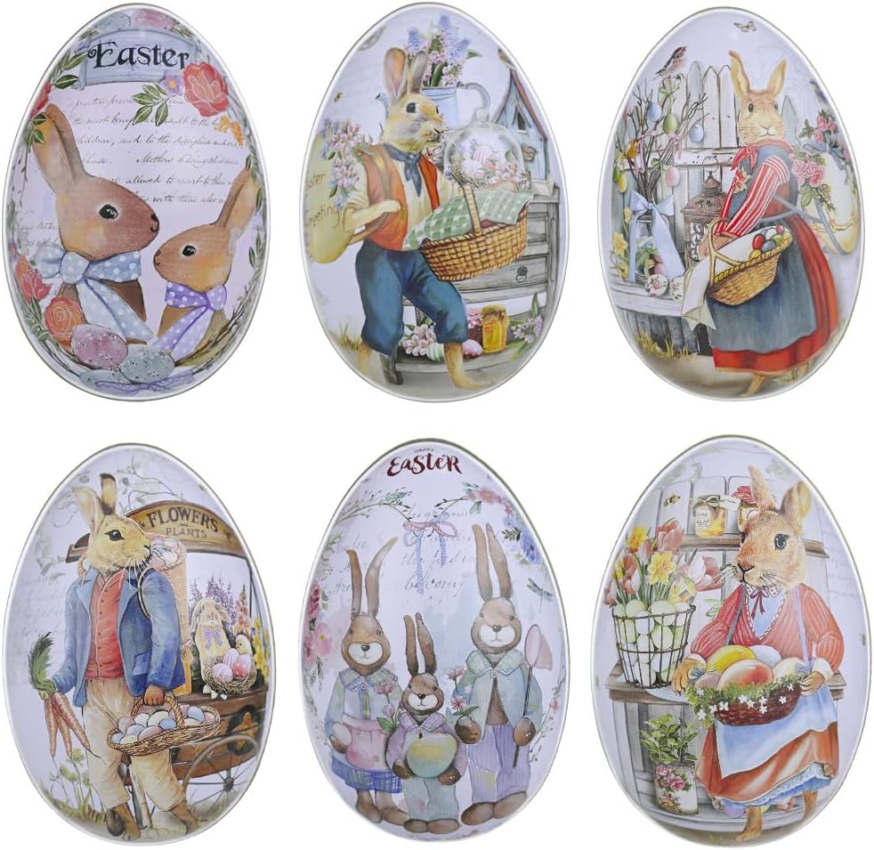 Rabbit Gardener Easter Egg Tin (Style E) - Retro Flower Market Themed Metal Treat Box, Durable Egg Shaped Keepsake Container for Candies & Jewelry