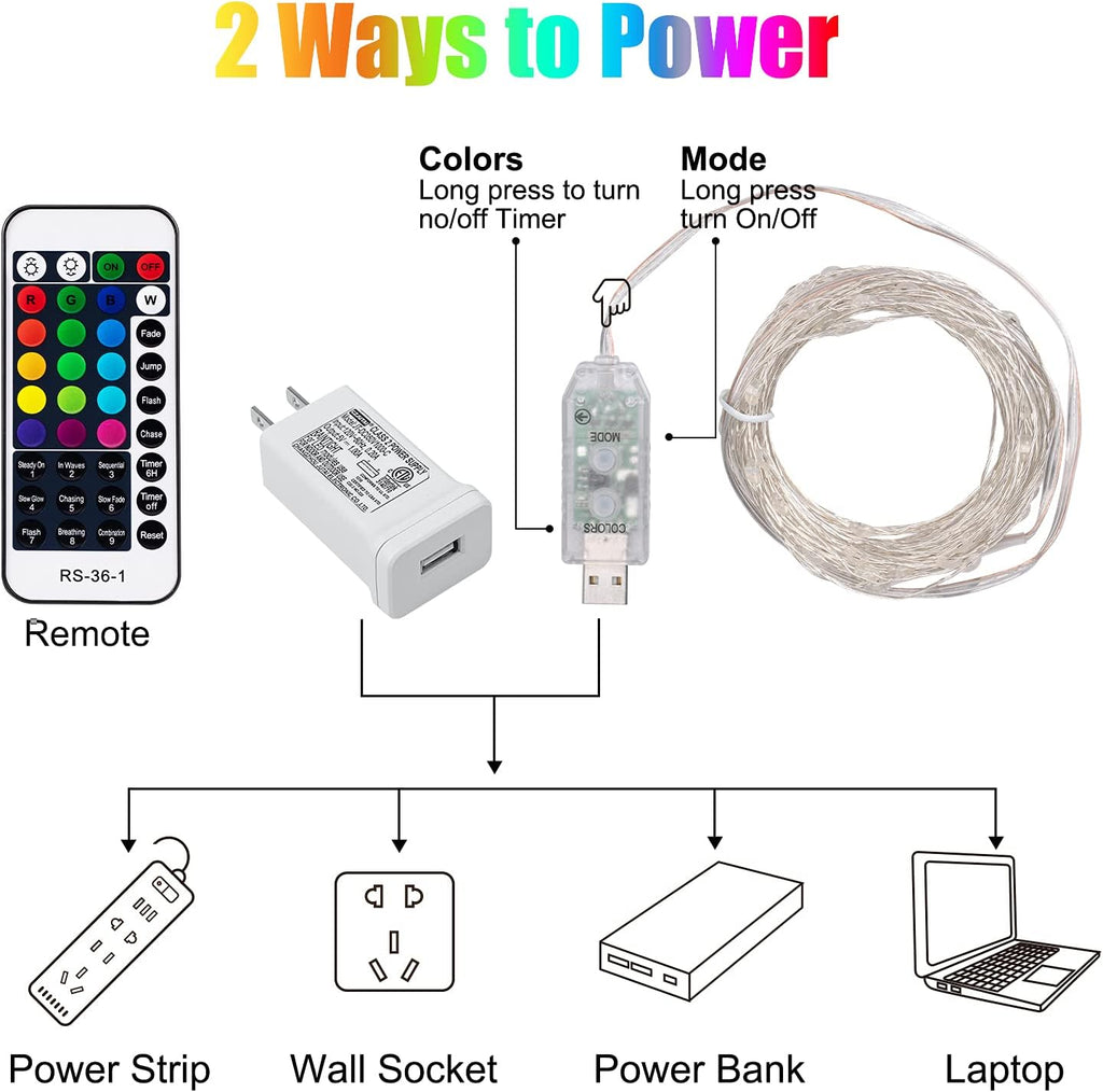 Minetom Color Changing Fairy String Lights - 33 ft 100 LED USB Silver Wire Lights with Remote and Timer, Starry Fairy Light for Bedroom Party Indoor Christmas Decoration, 16 Colors, Adapter Included