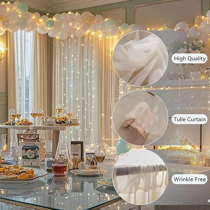 Ledido 10×8ft Tulle Backdrop Curtains with Lights String - 300LED Fairy Lights Sheer Curtain Backdrop for Weddings Baby Shower and Birthday Party Decorations(6 Panels 5×8ft)