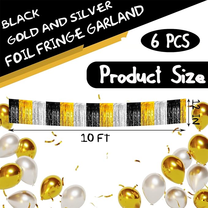 6 Pack 10 Feet Black Gold Silver Foil Fringe Garland Metallic Tinsel Streamers Banner Wall Hanging Backdrop Banner for Parade Floats, Thanksgiving, Christmas, Birthday, Halloween Party Decorations