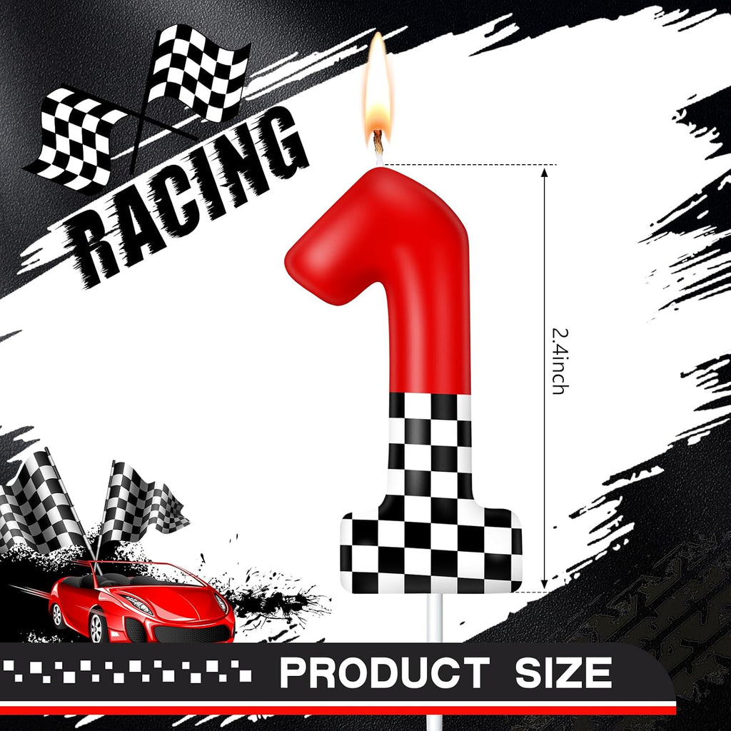 MTLEE Racing Car Themed Birthday Candle Number 1 Red and Checkered Candle Party Decoration Cake Topper for Race Car Party Supplies