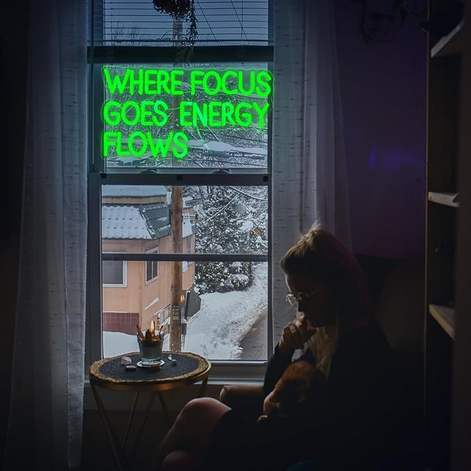 Where Focus Goes Energy Flows Neon Sign 16.5 * 9.1In Dimmale Green Light Up Sign for Wall Decor Led Words Neon Light for Bedroom Party Bar Personzalized Gift (USB Powered)