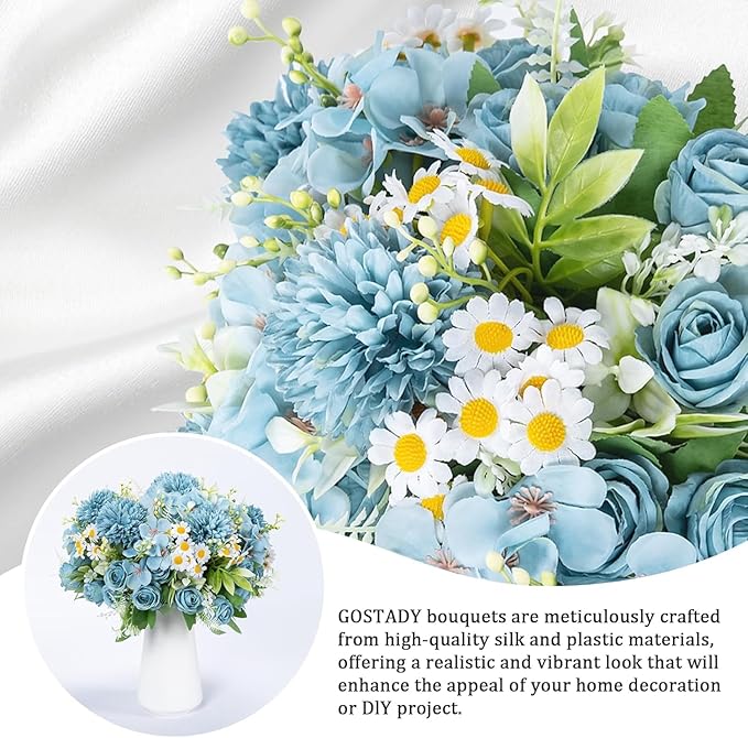 12 Bundles Artificial Flowers Blue Fake Rose Flower Mixed Chrysanthemum Hydrangea Flower Arrangements for DIY Wedding Table Centerpieces Party Baby Shower Home Decorations