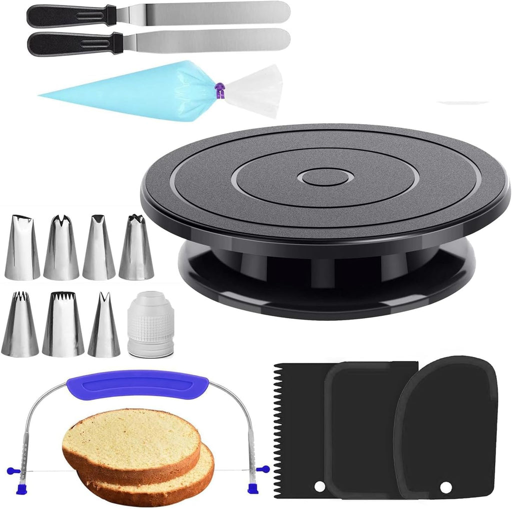 11 Inch Rotate Turntable Sculpting Wheel Revolving, 35PCs Cake Turntable Painting Turn Table Lightweight Stand with Icing Tips& Bags-Straight&Offset Spatula for Paint Spraying Spinner, Cake Decorating