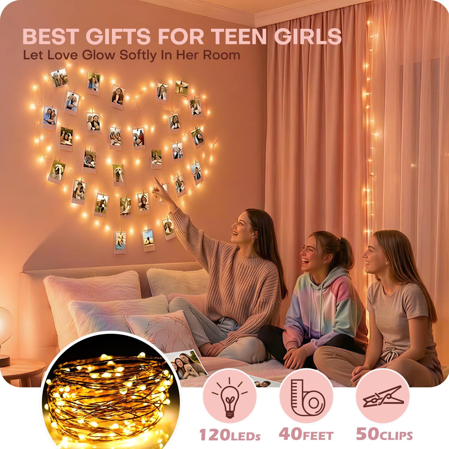 Teen Girl Gifts Trendy Stuff: Aesthetic 40Ft 120LED Hanging Picture Fairy Lights with 50 Clips - 8 Modes & Timer, Waterproof - Trendy Teenager Girl Gift for Birthday Christmas, Dorm Bedroom Wall Décor