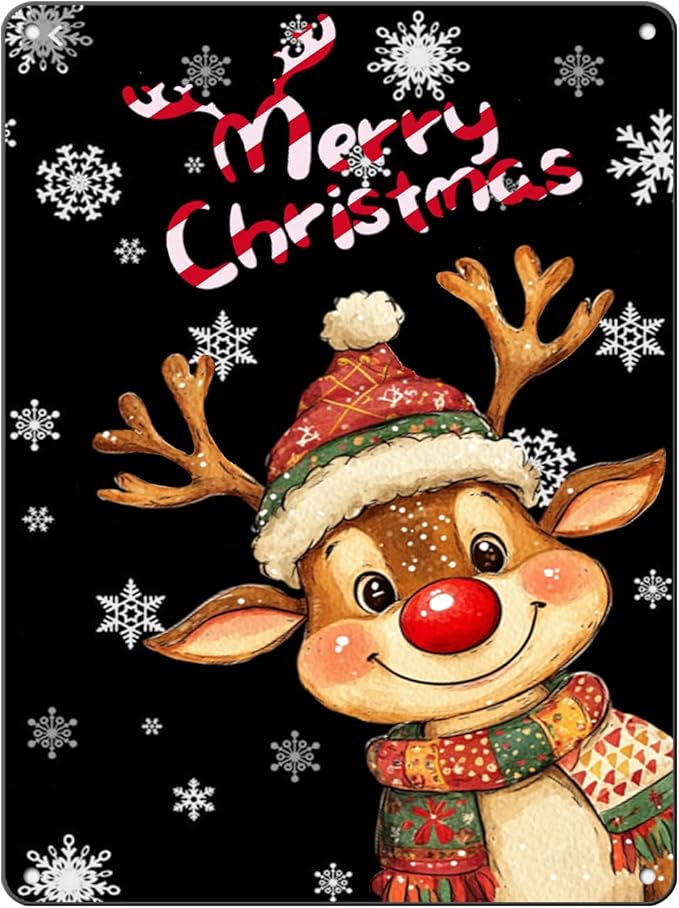 Merry Christmas Reindeer Metal Tin Sign - Funny Christmas House Decoration 12x16Inch for Outdoor and Indoor Use