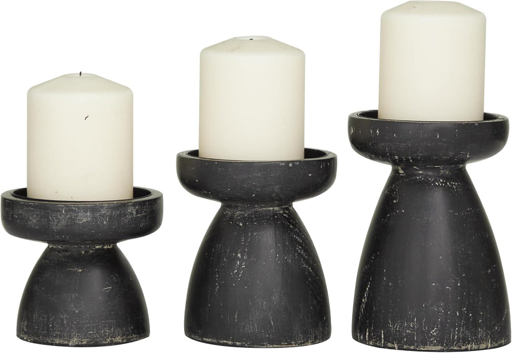 Deco 79 Wood Decorative Candle Holder Candle Stand, Set of 3 Candlestick Holder 6", 5", 4"H, Black
