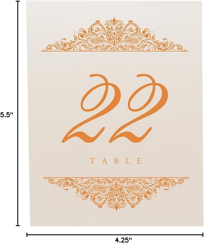 Paisley Wedding Table Numbers (Select Color/Quantity), Champagne, Orange, 1-45, Double Sided, Tent or Use in a Stand, Great for Parties & Restaurants - Made in the USA
