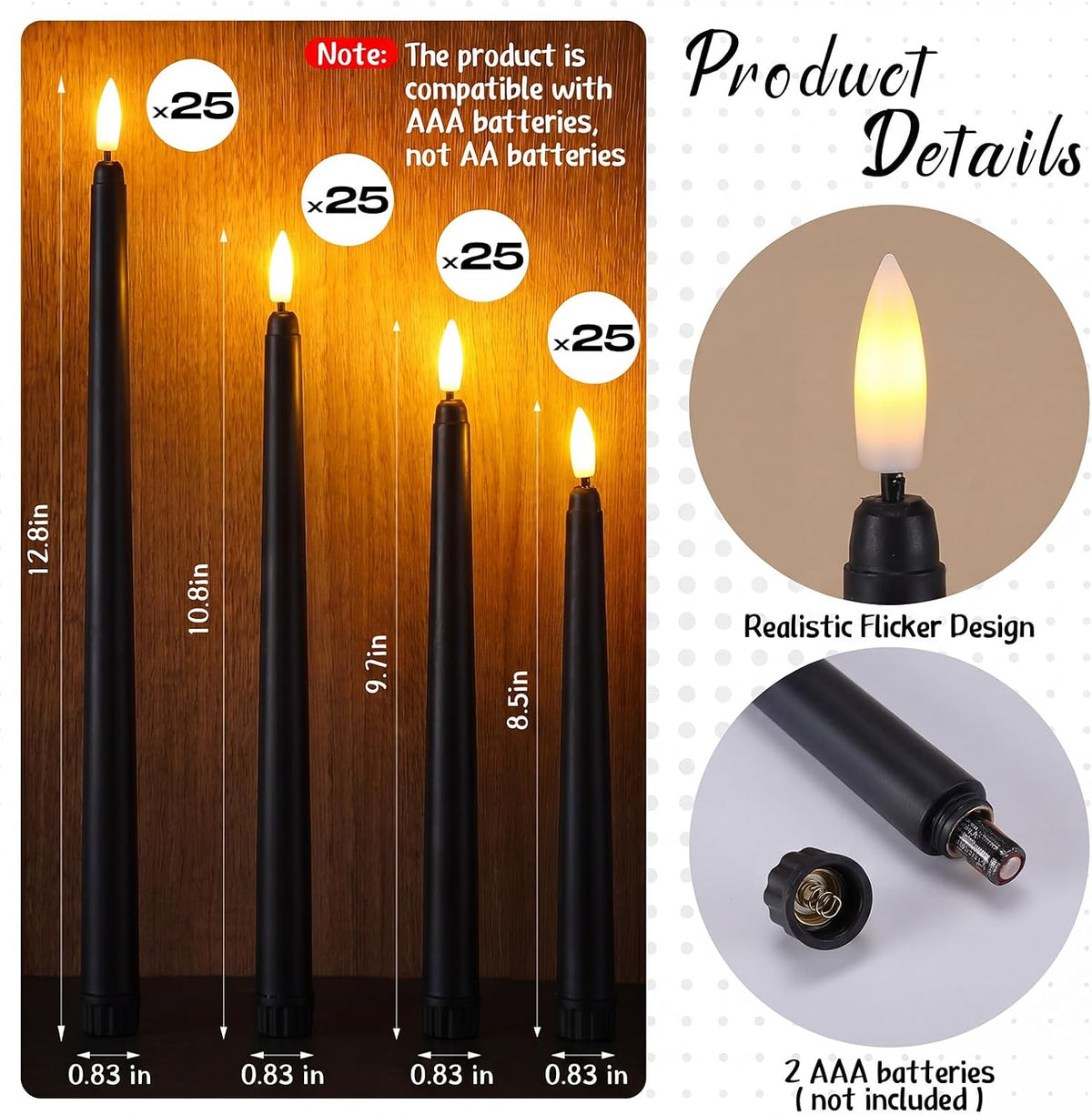 Baquler 100 Pcs Flameless Taper Candles LED Flickering Candlesticks, Black