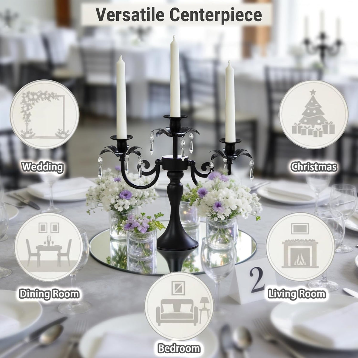 Metal 3 Arm Candelabra with Crystal Pendants - 11.8 Inch Tall Candle Holders,...