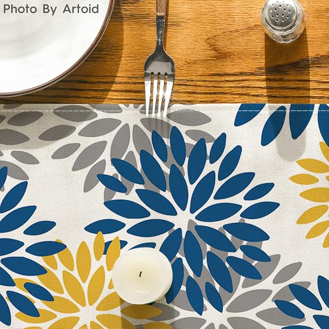 Artoid Mode Blue Dahlia Floral Pinnata Summer Table Runner, Spring Kitchen Dining Table Decoration for Home Party Decor 13x90 Inch