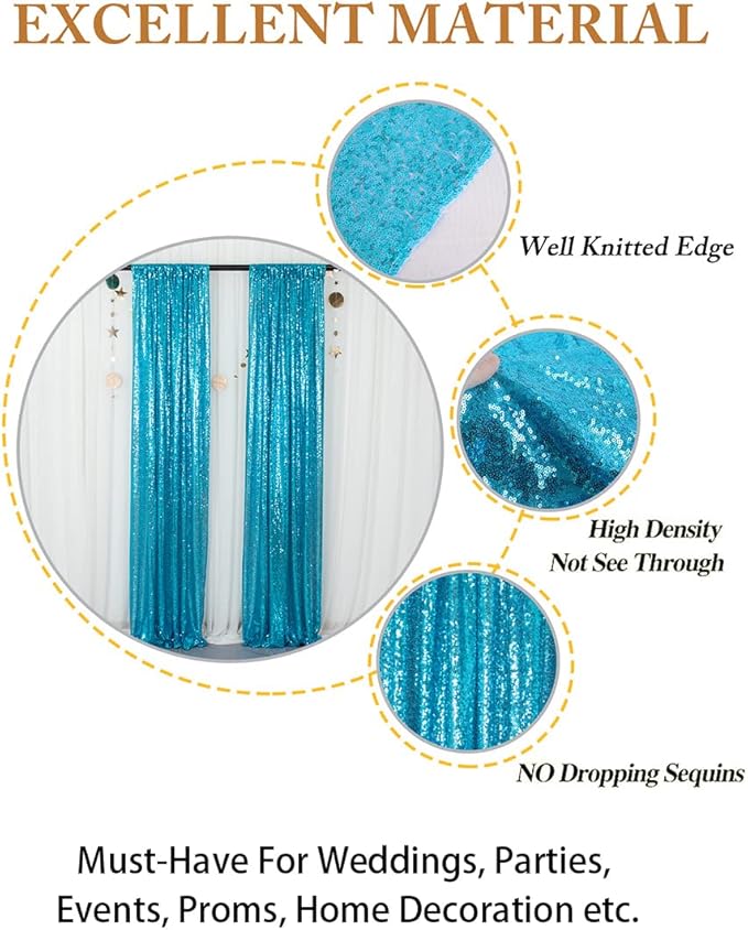 ShinyBeauty Sequin Curtains 2 Panels Turquoise 2FTx8FT Sequin Photo Backdrop Aqua Sequin Backdrop Curtain Pack of 2-1011E