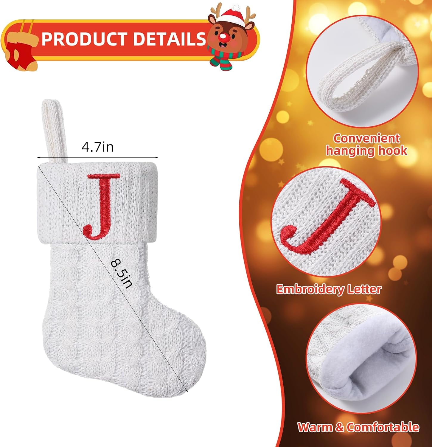 Mini White Knit Stocking,8.5 Inches Initial Monogram EmbroideWhite Christmas Stocking,Family Fireplace Hanging Ornament Xmas Holiday Decor Gift-Letter M