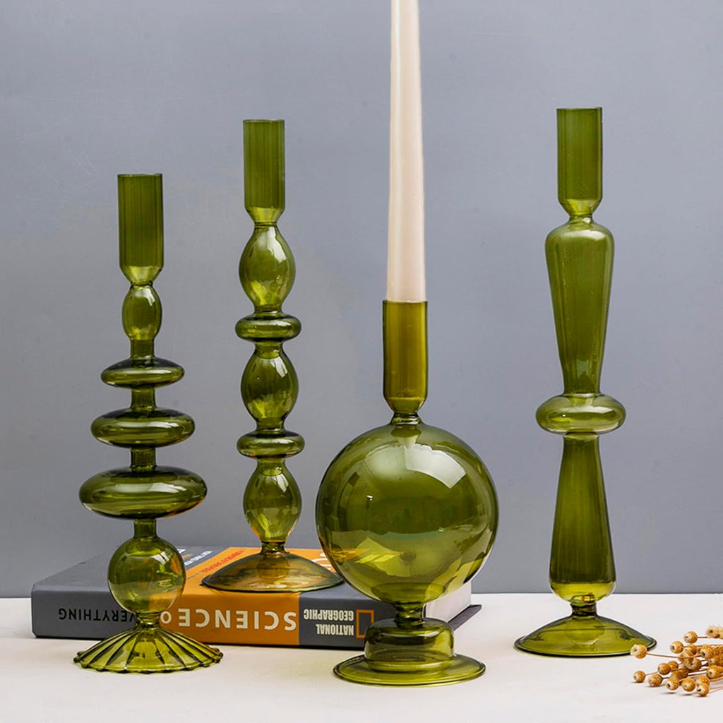 Candle Stick Candle Holder, Glass Candle Holders for Table Centerpiece, Modern Style Green Candle Holder Mixed 4pcs
