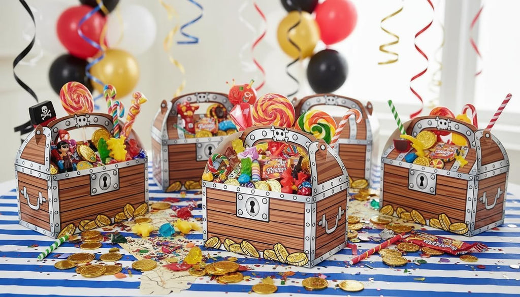 Zugar Land Pirate Treasure Chest Treat Box (6.5" x 6.5" x 3.5") Paper Cardboard. Decoration Party Favor Goodie Candy Box Grab Bag (24)
