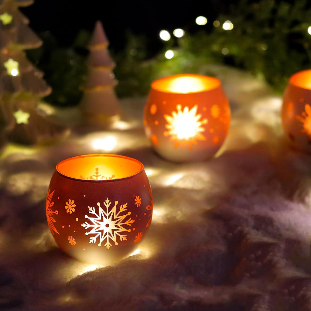 Snowflake Christmas Candle Holders Set of 4, Gold & White Glass Tealight Votive Holders for Winter Decor, Xmas Table Centerpieces, Indoor Christmas Decorations, Ideal