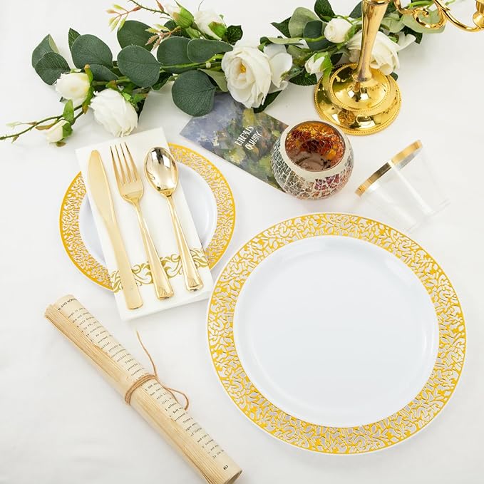 WELLIFE 350Pcs Gold Dinnerware Sets, Plates and Napkins Party Supplies Include:50 Dinner Plates, 50 Dessert Plates, 50 Paper Napkins, 50 Cups, 50 Gold Plastic Cutlery Set