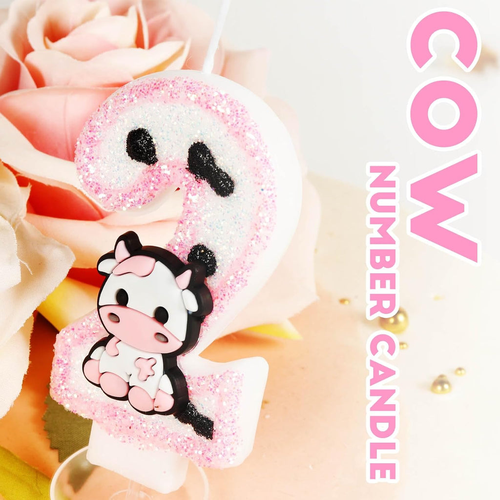 Pink Cow Glitter Birthday Candles Number 2 Birthday Decorations, 2 Year Old Birthday Decorations, Number 2 Candle for Cake, Cowgirl Theme Number Candle for Girls 2nd Birthday Party Décor