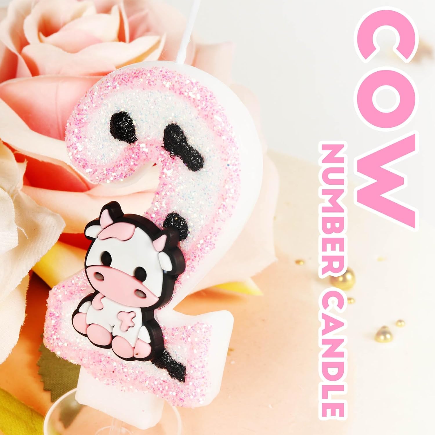 Pink Cow Glitter Birthday Candles Number 2 Birthday Decorations, 2 Year Old Birthday Decorations, Number 2 Candle for Cake, Cowgirl Theme Number Candle for Girls 2nd Birthday Party Décor