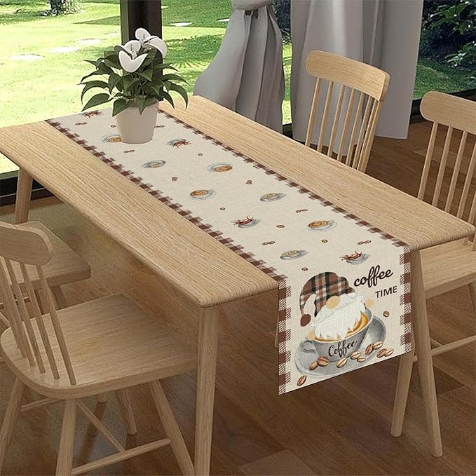 Coffee Time Table Runner, Farmhouse Retro Gnome Coffee Cup Tea Party Cafe Table Center Decor for Home Kitchen Dining Patio Holiday Party Indoor Outdoor Table Decorations,13"x72" Inch