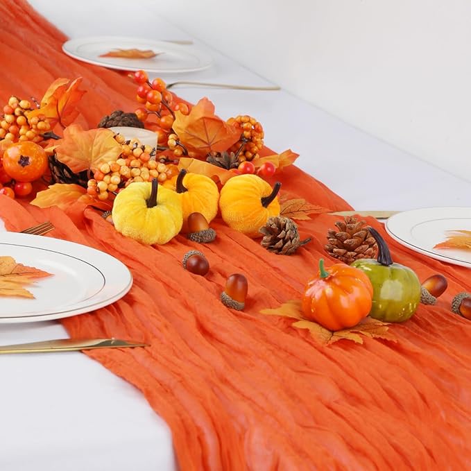 10 Packs Orange Halloween Table Runner Cheesecloth 10FT Fall Burnt Orange Cheese Cloth Table Runner Sheer Boho Rustic Gauze Table Cloth for Wedding Party Baby Shower Decor