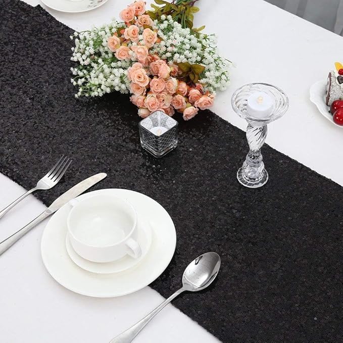 Sequin Table Runners 5 Pieces Black Table Runners 12x72 Inch Glitter Dining Table Cover for Party Wedding Birthday Reception Banquet Decoration Spring Party Chair Sashes