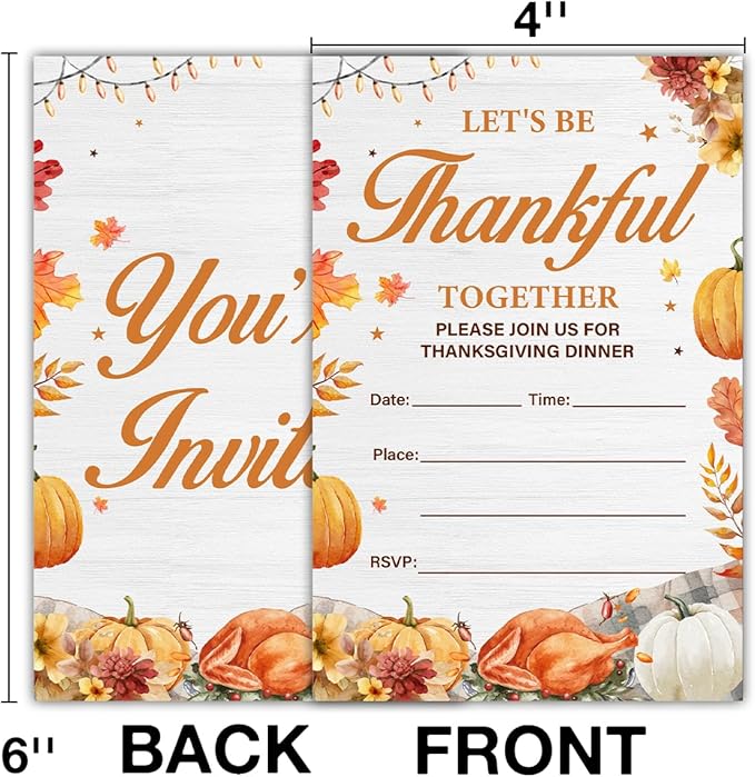 Thanksgiving Party Invitations, Fall Pumpkins Friendsgiving Thanksgiving Dinner Party Fill in Invites Cards With Envelopes (20 Count) Double Sided Design, Let's be Thankful Together
