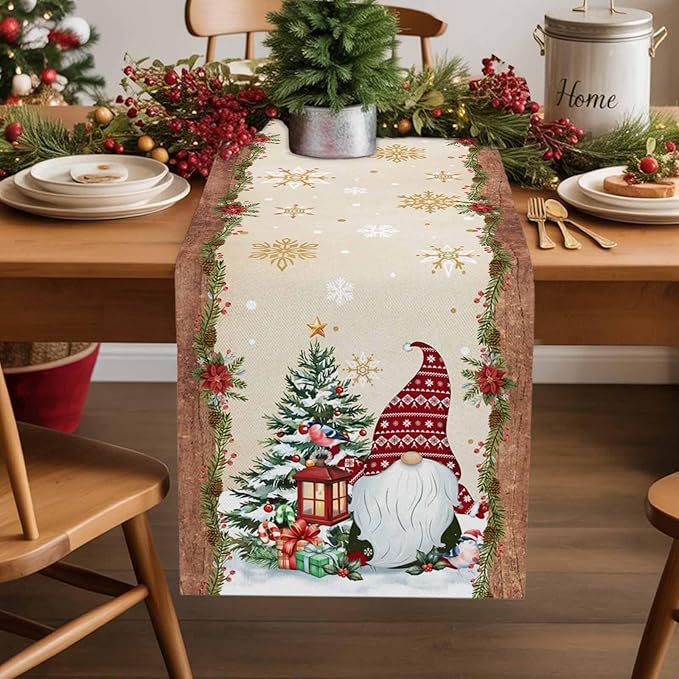 Christmas Gnomes Cotton Linen Table Runner for Dining Kitchen, Xmas Pine Tree Snowflake Rustic Wedding Outdoor Party Tablerunners Decoration, Retro Wood Dresser Scarf Tablecloth Runners 13x72 Inches
