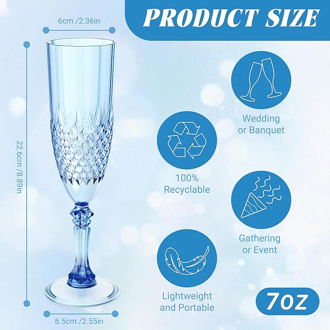 Plastic Champagne Flutes, 12PCS Blue Wine Glasses Goblets Cups Reusable Flute, for Weddings Bachelor Parties Toasting and Events (12, Blue)