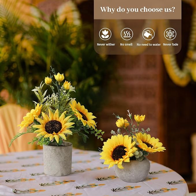 Leftover Sunflower Artificial Flowers Pot,Sunflower Decor,Flower Centerpieces for Tables,Fake Flowers in Vase for Summer Decor, Yellow Decor