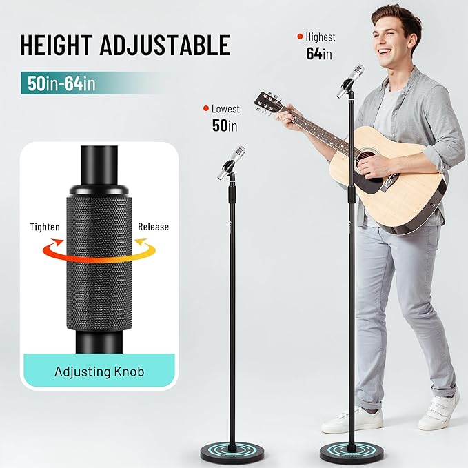 CAHAYA Mic Stand Floor Detachable - Microphone Stand Heavy Duty with Weighted Round Base Phone Holder and 2 Mic Clips Portable Mic Stands Height Adjustable 50" to 64" for Singing Performance Stage