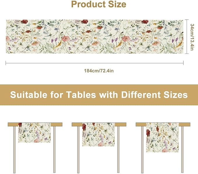 Floral Butterfly Table Runner,Rustic Colorful Flower Botanical Watercolor Pattern Print Burlap for Hotel Indoors Outdoor Dining Room Kitchen Holiday Party, 13x80in