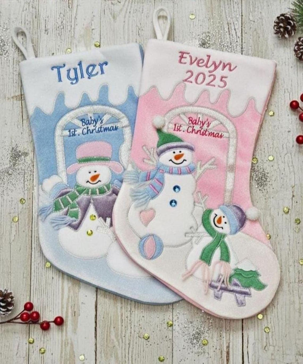 Baby's 1st Christmas Stocking with Large 20" Pink Snowman Velvet Personalized Stockings for First Christmas