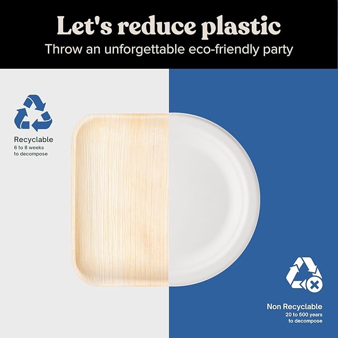 Disposable Palm Leaf Plates - Eco-Friendly Alternative to Bamboo Plates and Plastic Plates - Heavy-Duty Compostable & Biodegradable Party Plates - Microwave and Oven Safe Dinnerware - 10" Set of 50